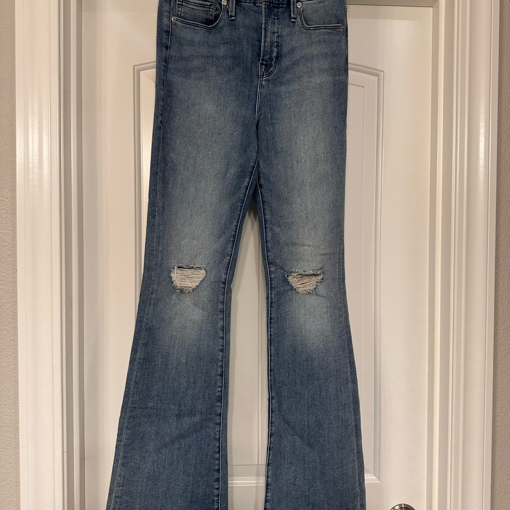Good American Blue Distressed Flare Jeans